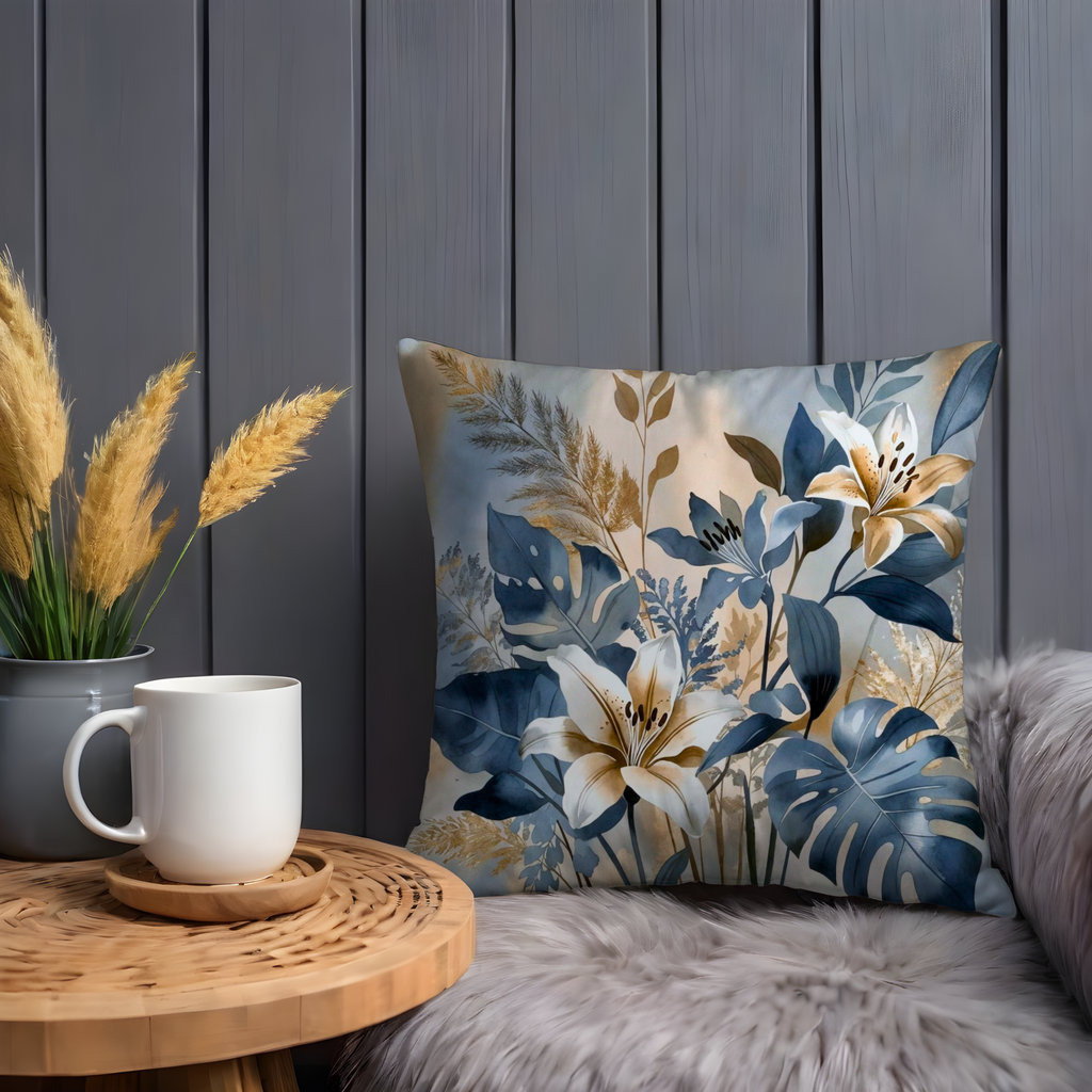 Blue Lily Tropical Leaves Pillow Cover | Elegant Floral Art | Nature Decor