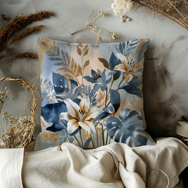 Blue Lily Tropical Leaves Pillow Cover – Elegant Floral Art | Nature Decor