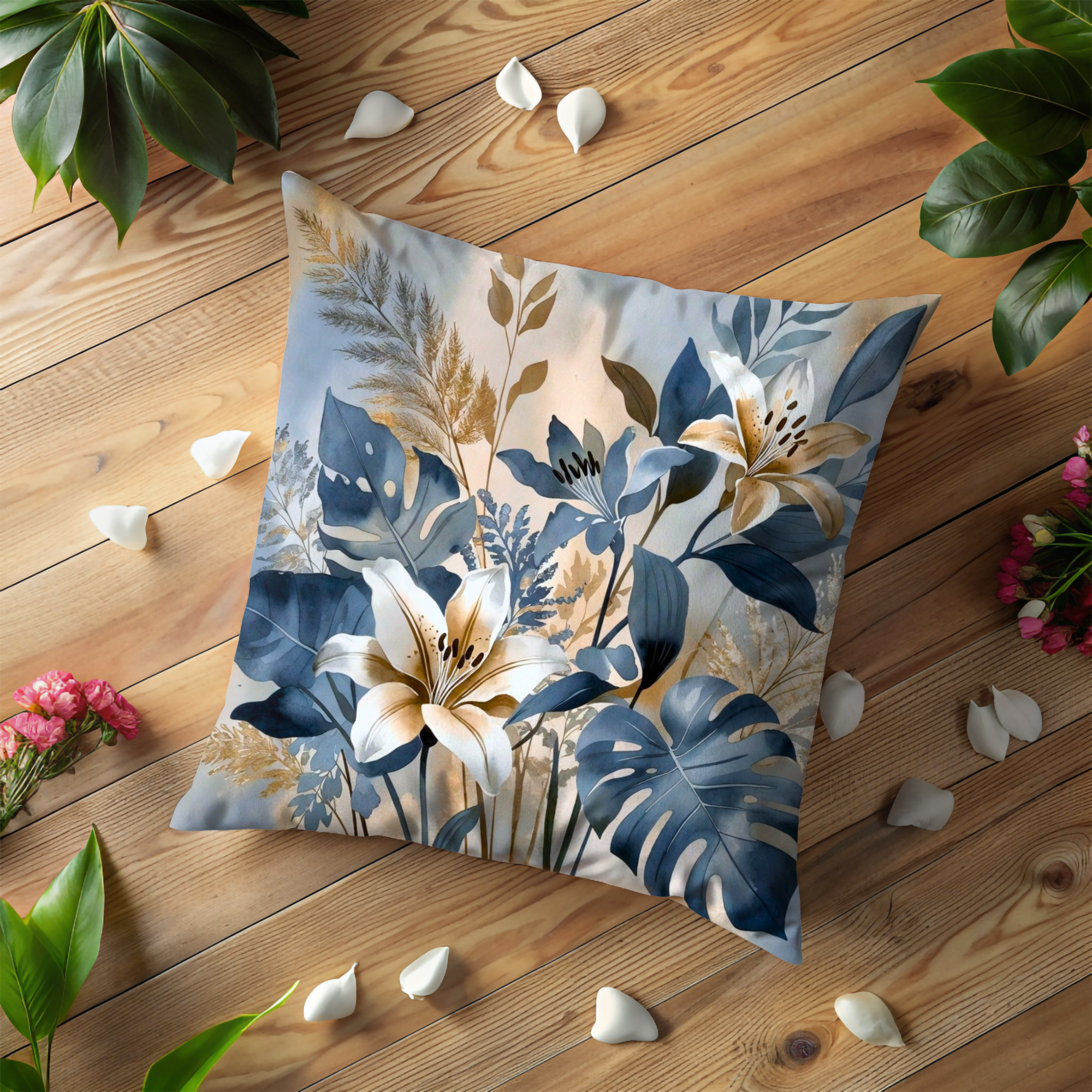 Blue Lily Tropical Leaves Pillow Cover | Elegant Floral Art | Nature Decor