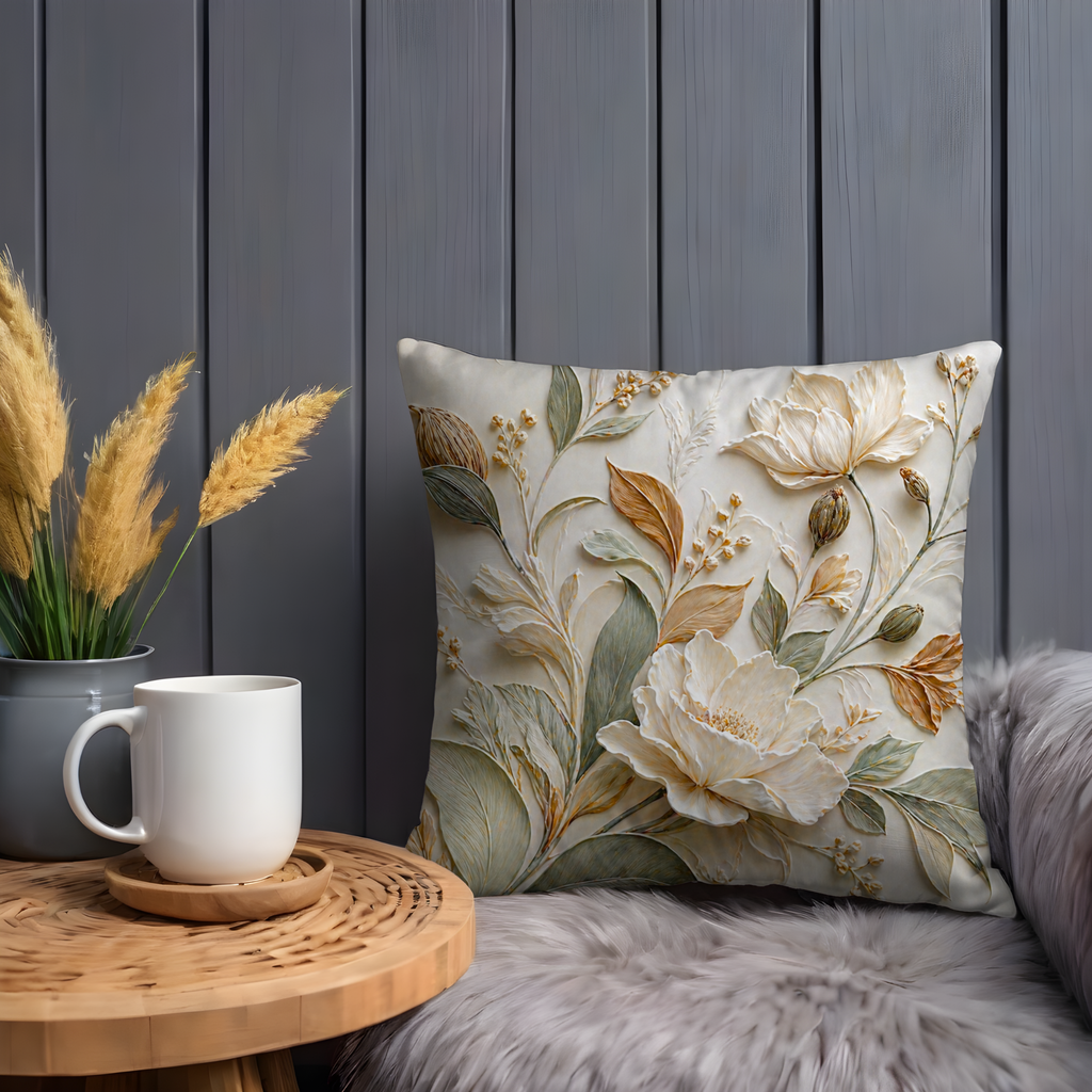 Cream Gold Floral Pillow Cover | Elegant Botanical Art | Neutral Decor