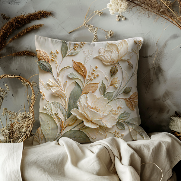 Cream Gold Floral Pillow Cover – Elegant Botanical Art | Neutral Decor