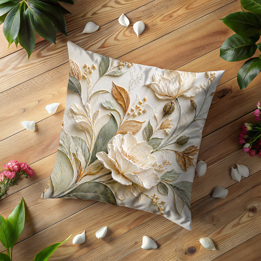 Cream Gold Floral Pillow Cover | Elegant Botanical Art | Neutral Decor