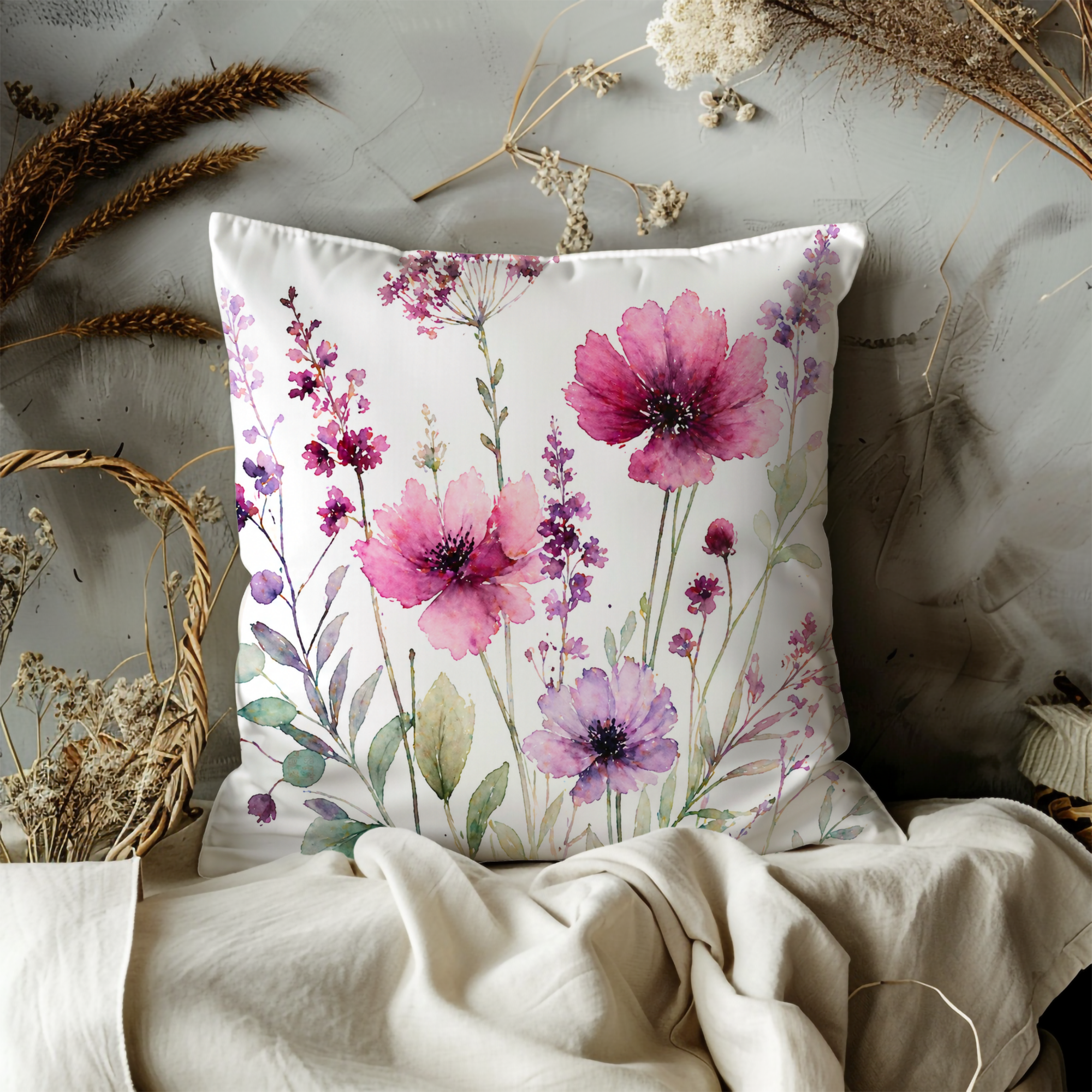 Purple Pink Wildflowers Pillow Cover – Watercolor Floral Art | Cottagecore Decor