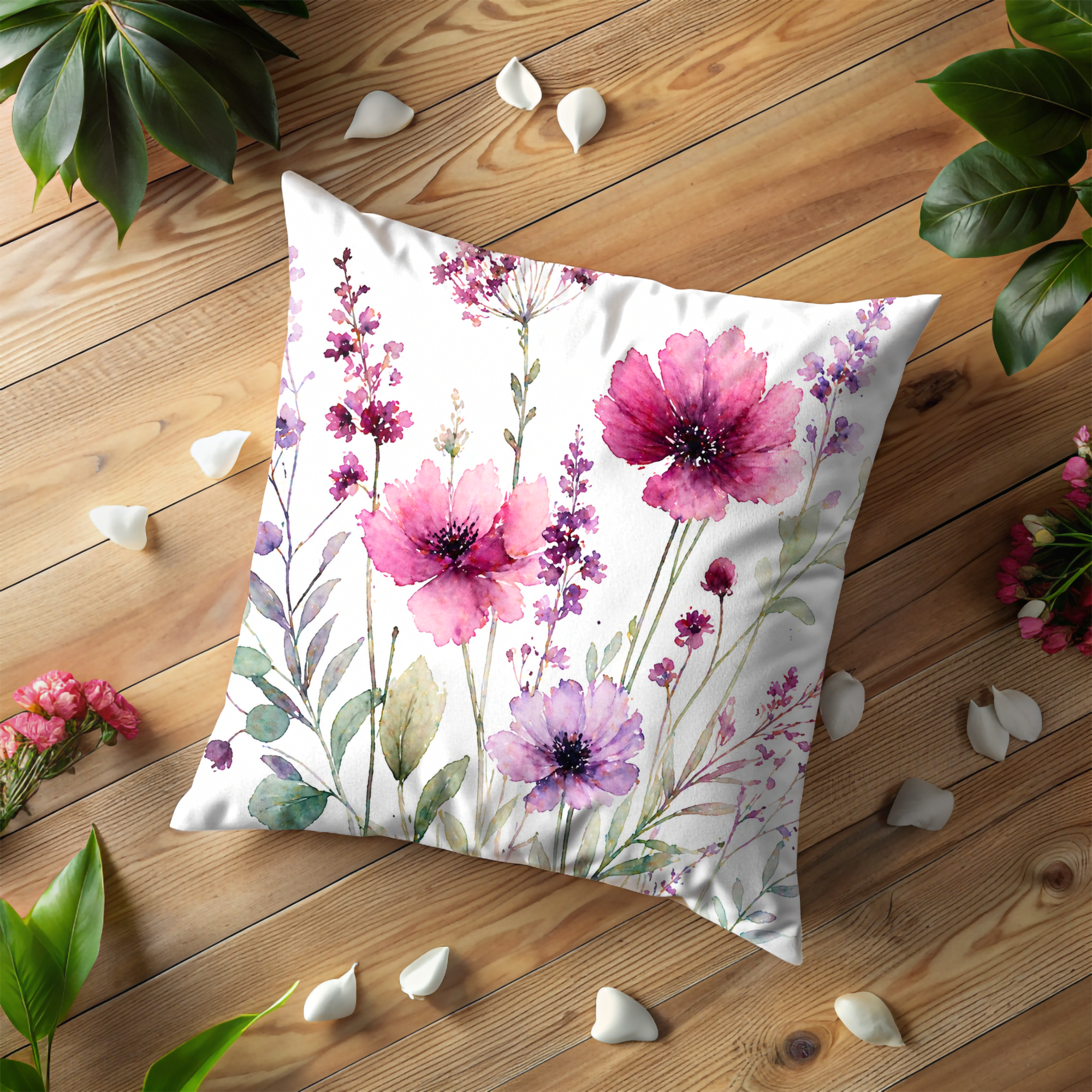Purple Pink Wildflowers Pillow Cover – Watercolor Floral Art | Cottagecore Decor
