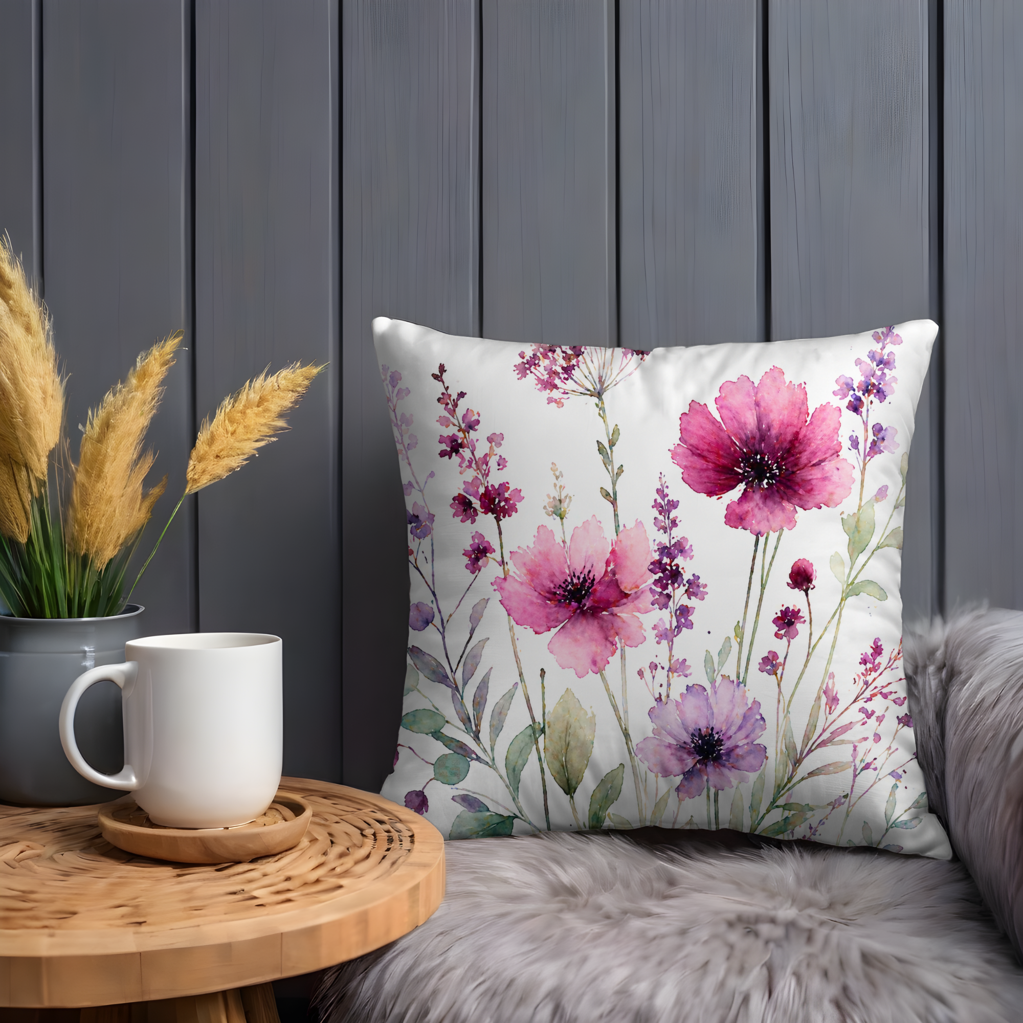 Purple Pink Wildflowers Pillow Cover – Watercolor Floral Art | Cottagecore Decor