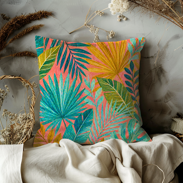 Tropical Leaves Pillow Cover – Vibrant Palm Art | Bold Boho Decor