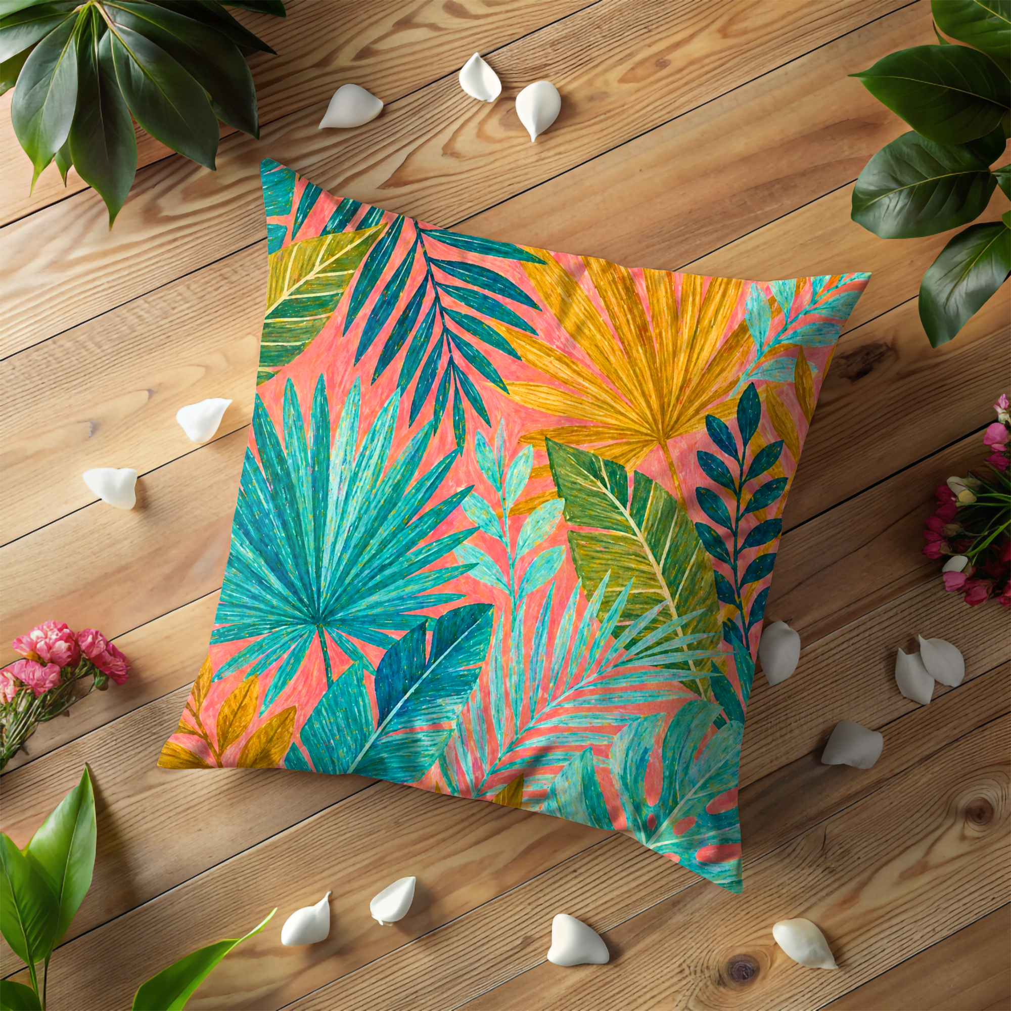 Tropical Leaves Pillow Cover | Vibrant Palm Art | Bold Boho Decor