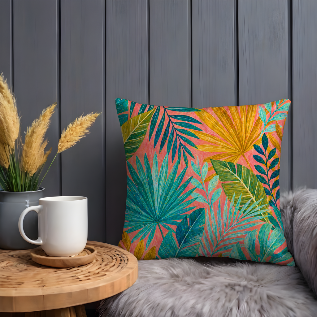 Tropical Leaves Pillow Cover | Vibrant Palm Art | Bold Boho Decor