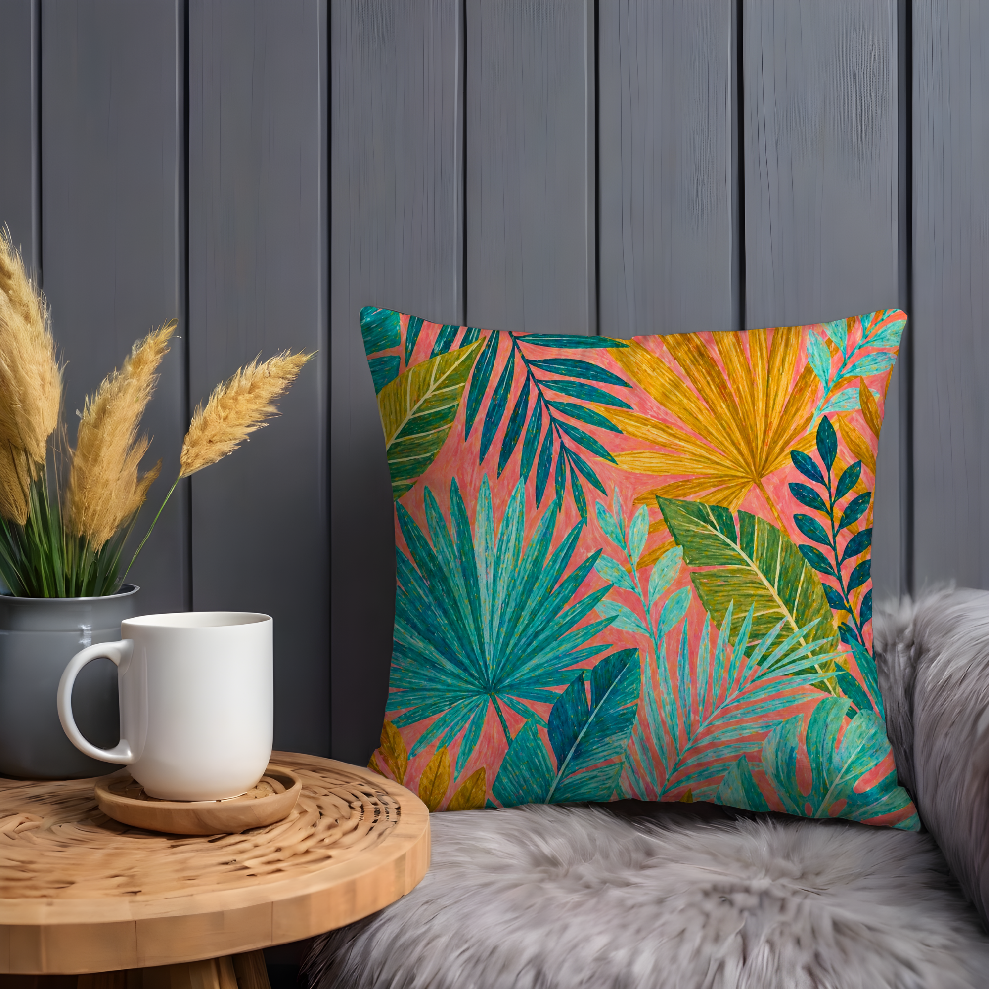 Tropical Leaves Pillow Cover | Vibrant Palm Art | Bold Boho Decor