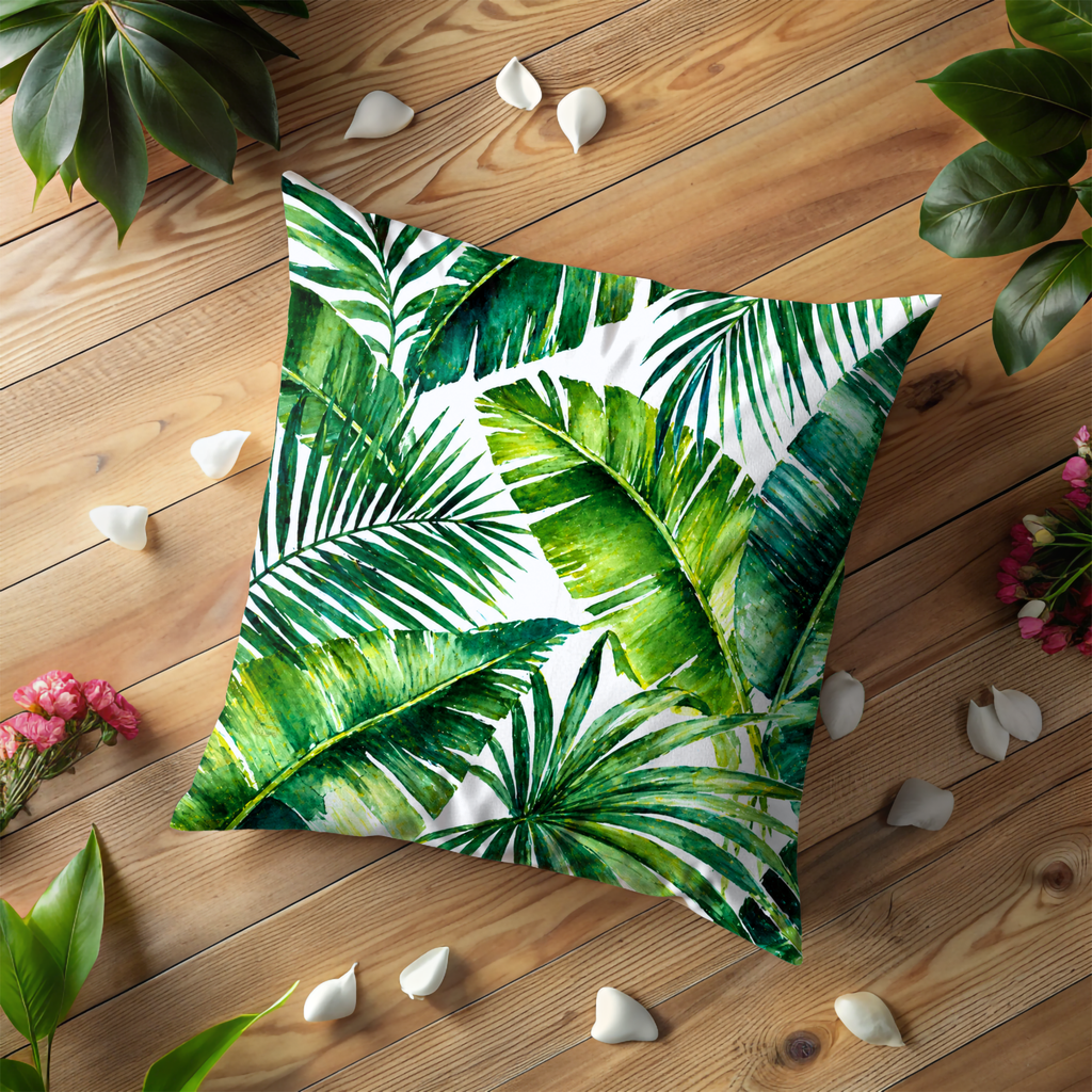 Green Palm Leaves Pillow Cover | Tropical Leaf Art | Fresh Nature Decor