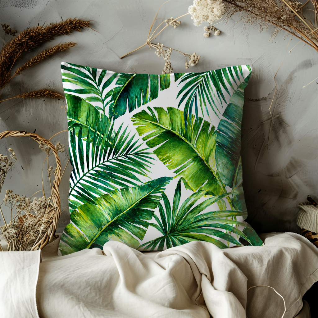 Green Palm Leaves Pillow Cover | Tropical Leaf Art | Fresh Nature Decor