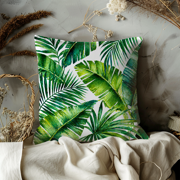 Green Palm Leaves Pillow Cover | Tropical Leaf Art | Fresh Nature Decor