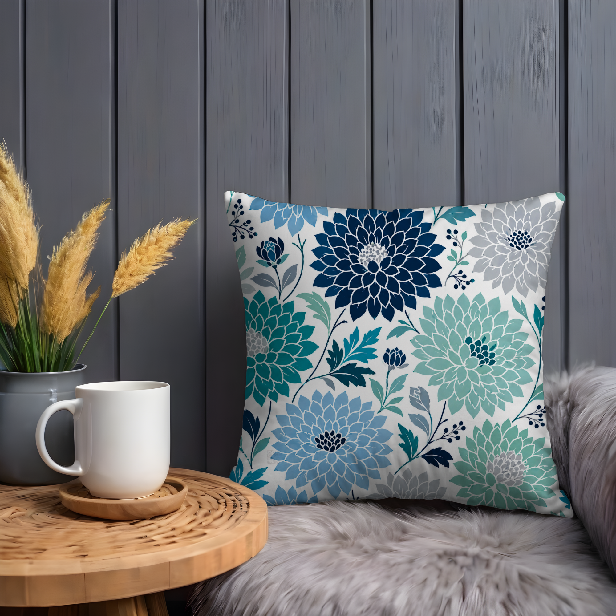 Blue Dahlia Pillow Cover | Floral Pattern Art | Elegant Decor