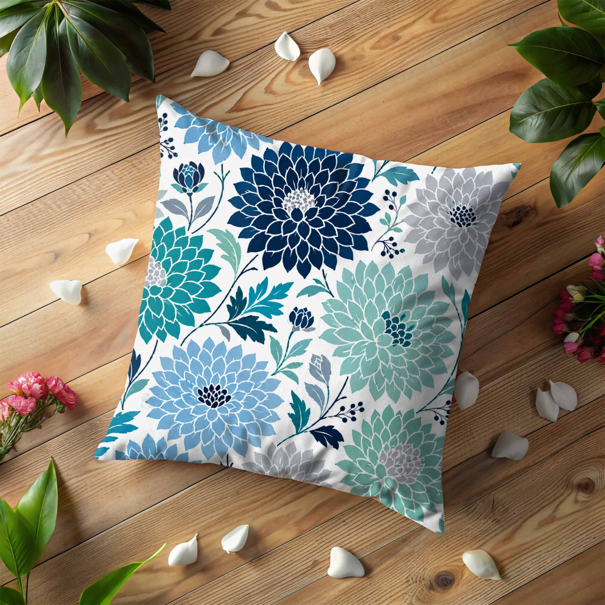Blue Dahlia Pillow Cover | Floral Pattern Art | Elegant Decor