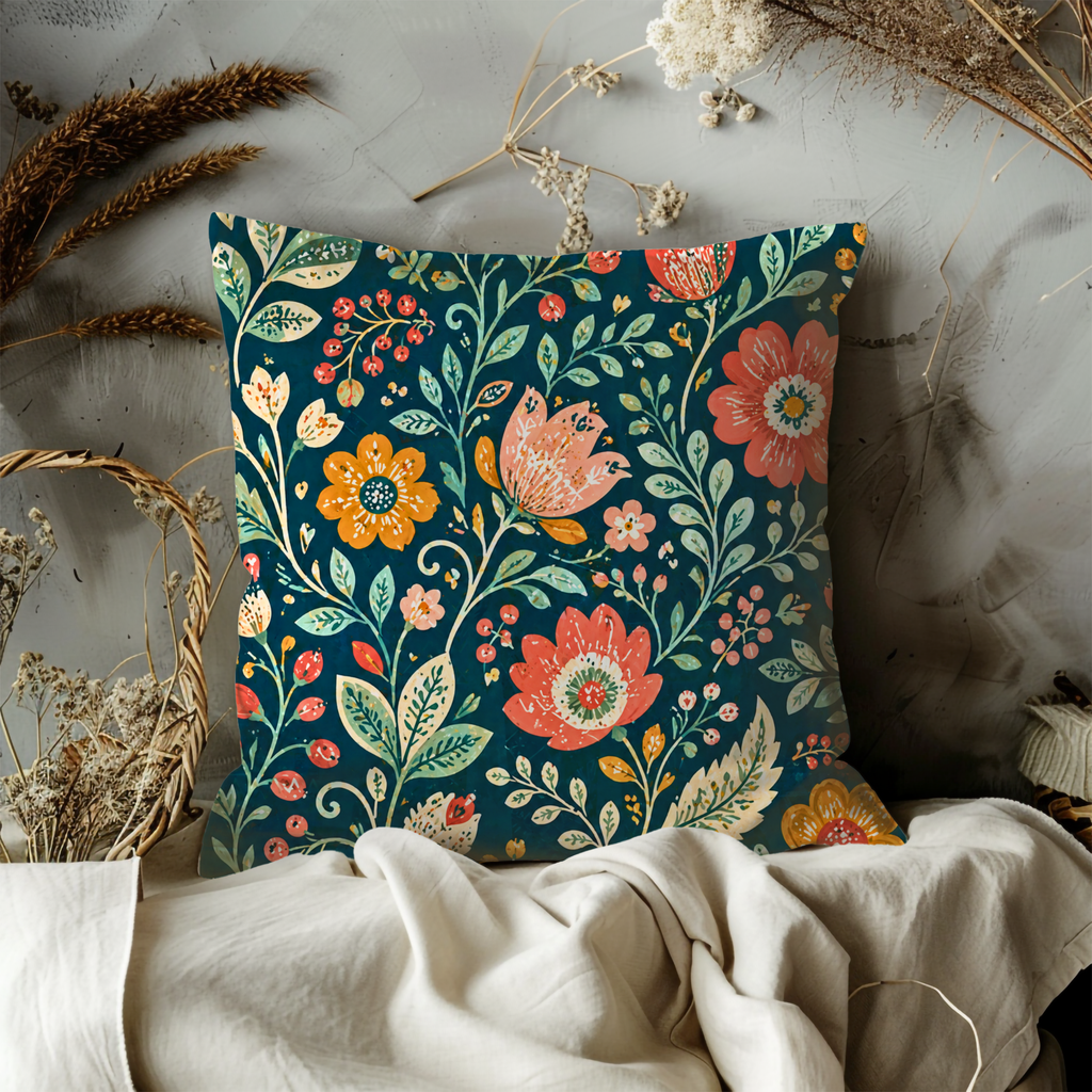 Folk Floral Pillow Cover | Vibrant Pattern Art | Bold Boho Decor