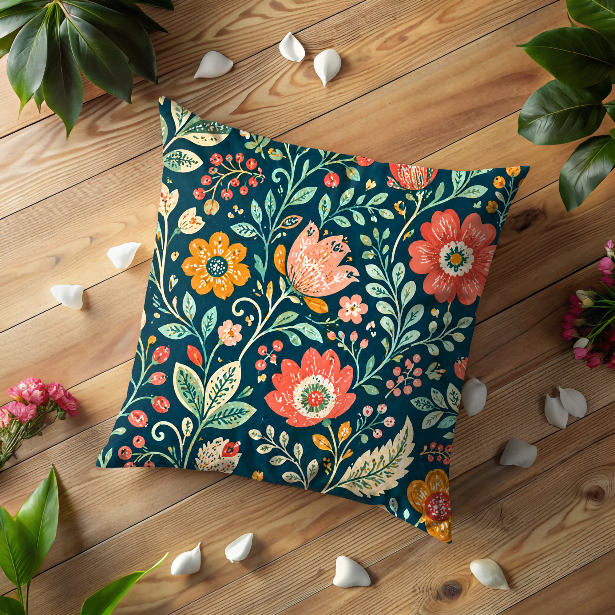 Folk Floral Pillow Cover | Vibrant Pattern Art | Bold Boho Decor
