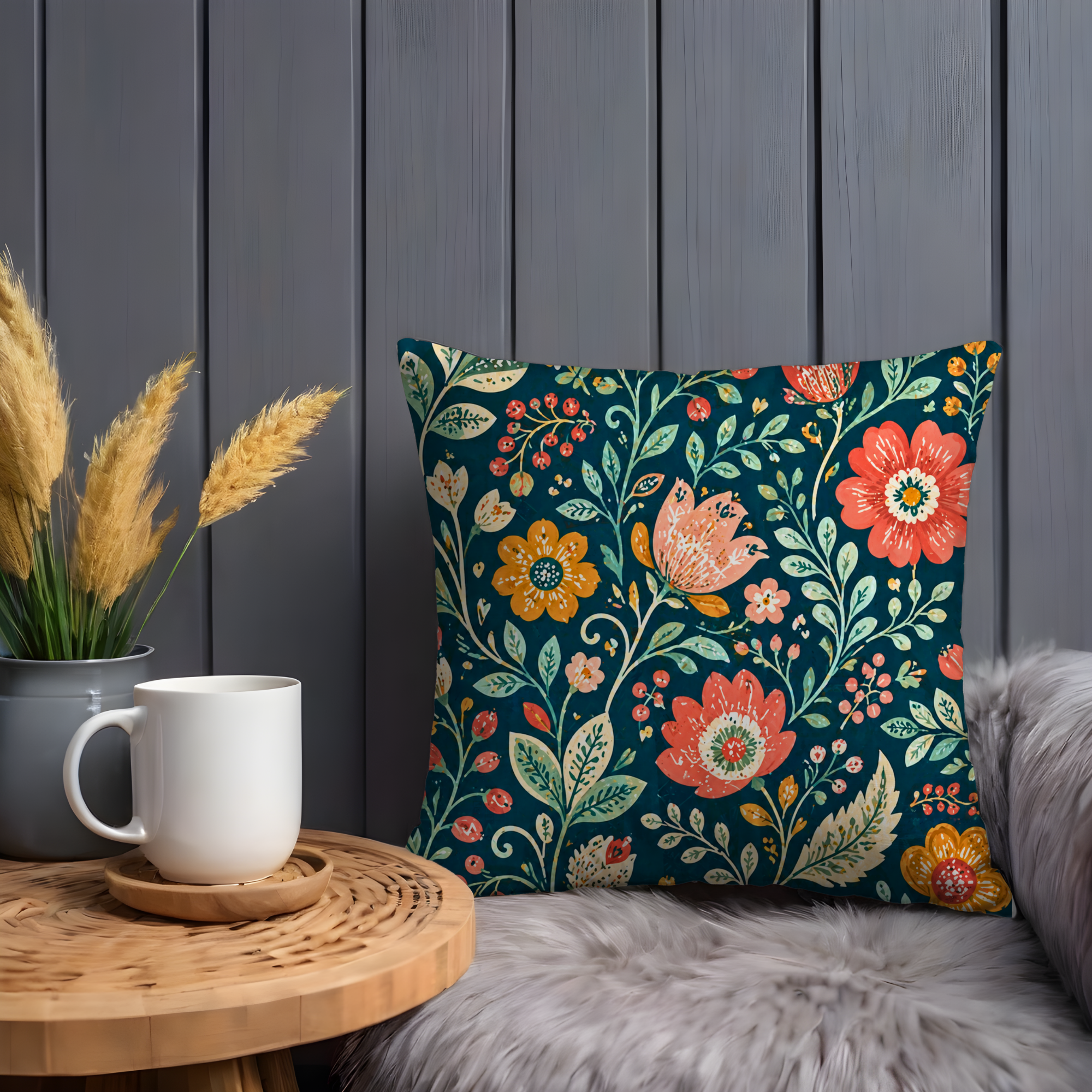 Folk Floral Pillow Cover | Vibrant Pattern Art | Bold Boho Decor