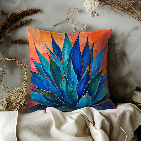 Blue Agave Pillow Cover – Vibrant Plant Art | Bold Nature Decor
