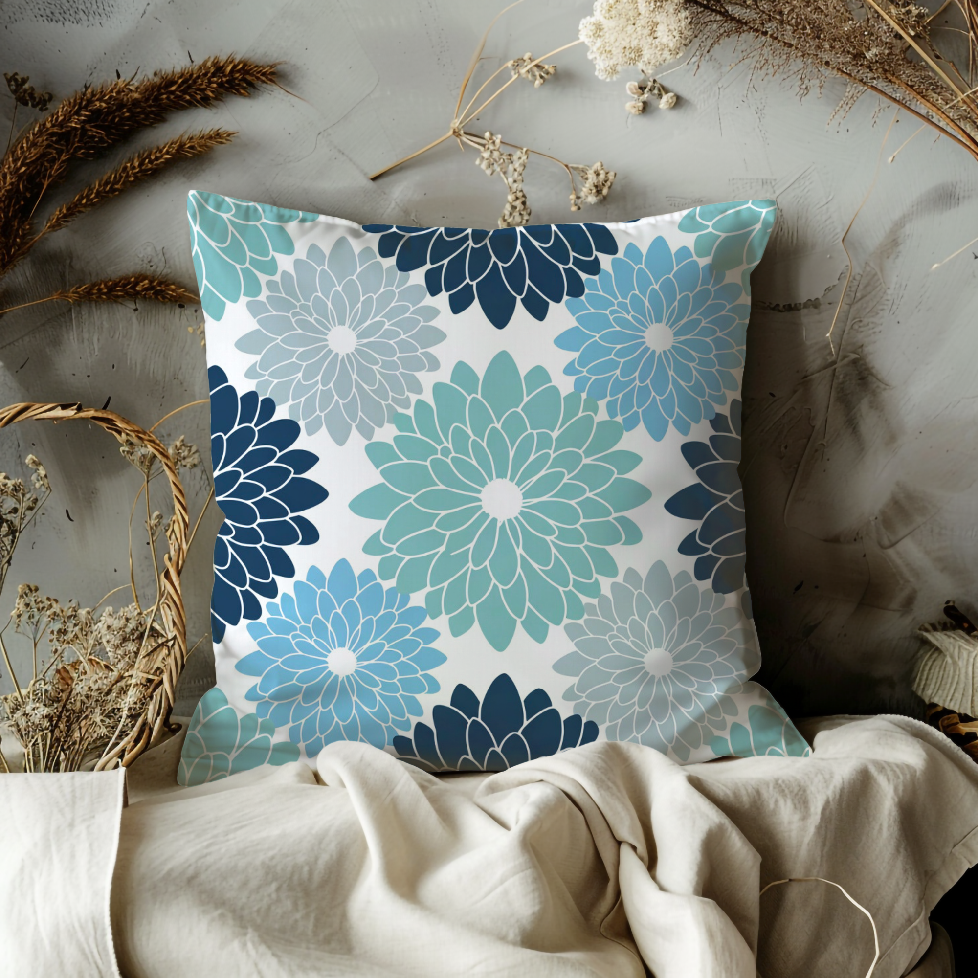 Blue Dahlia Pattern Pillow Cover | Repeating Floral Art | Elegant Decor