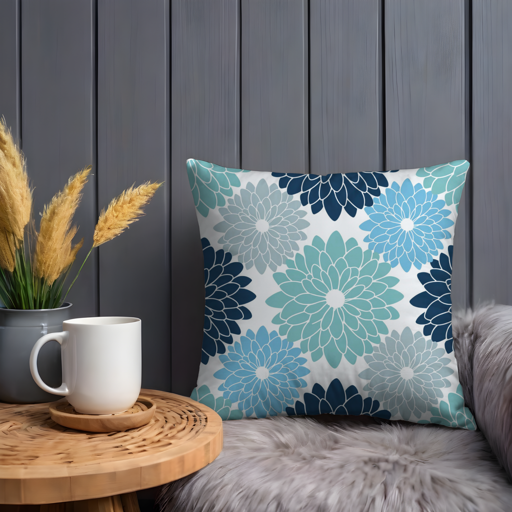 Blue Dahlia Pattern Pillow Cover | Repeating Floral Art | Elegant Decor