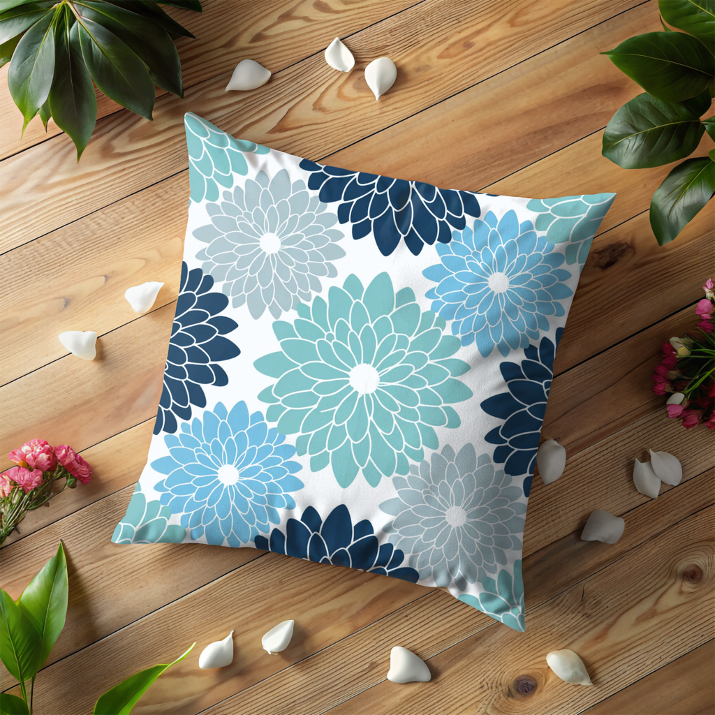 Blue Dahlia Pattern Pillow Cover | Repeating Floral Art | Elegant Decor