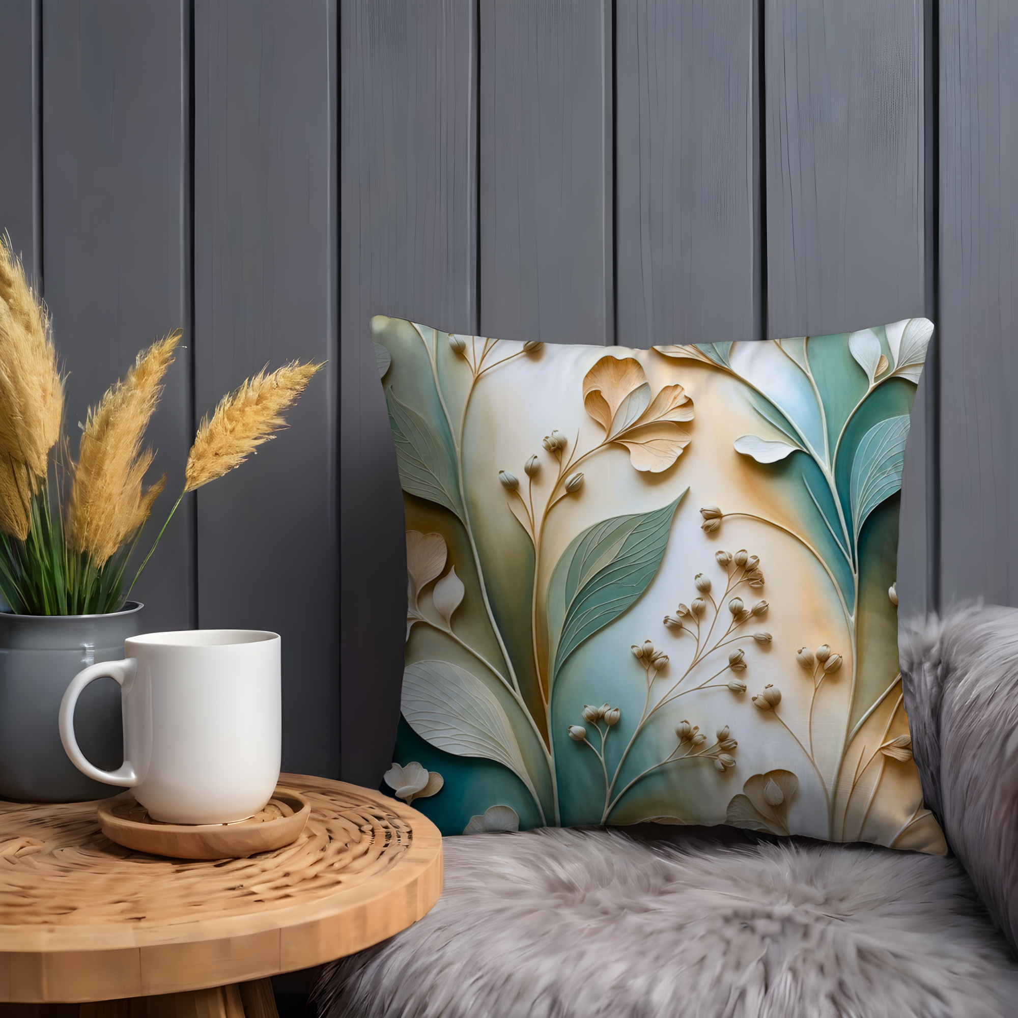 Teal Leaf Botanical Pillow Cover | Elegant Nature Art | Neutral Decor