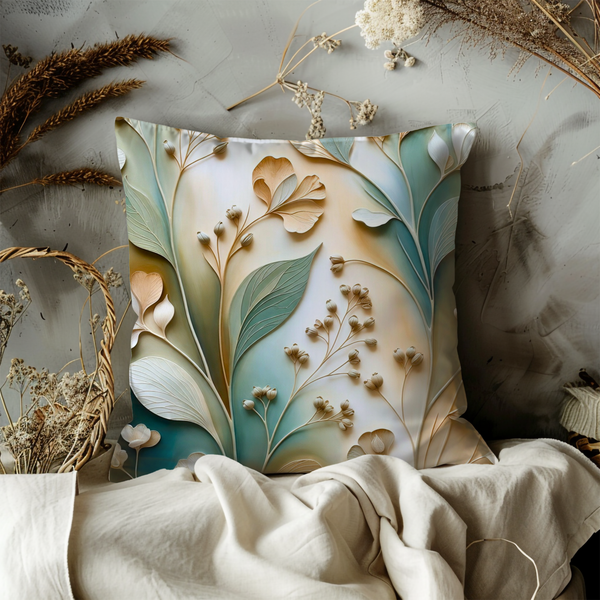Teal Leaf Botanical Pillow Cover – Elegant Nature Art | Neutral Decor