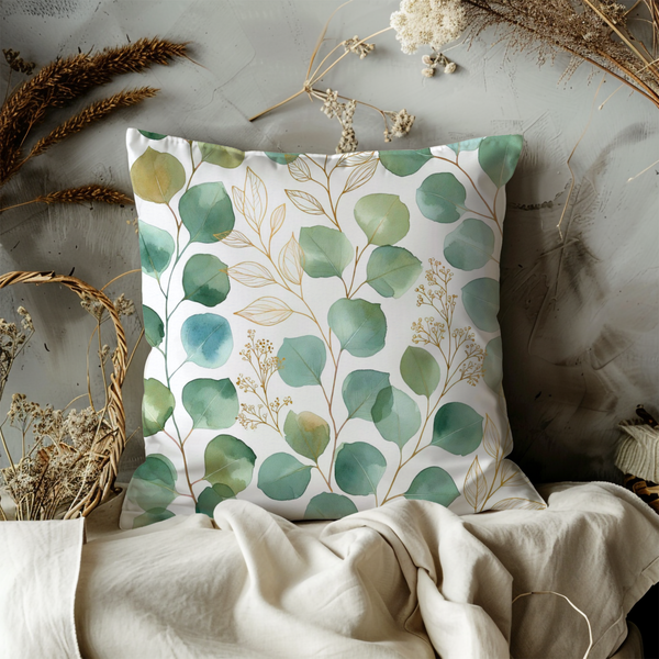 Eucalyptus Leaves Pillow Cover – Elegant Botanical Art | Soft Nature Decor