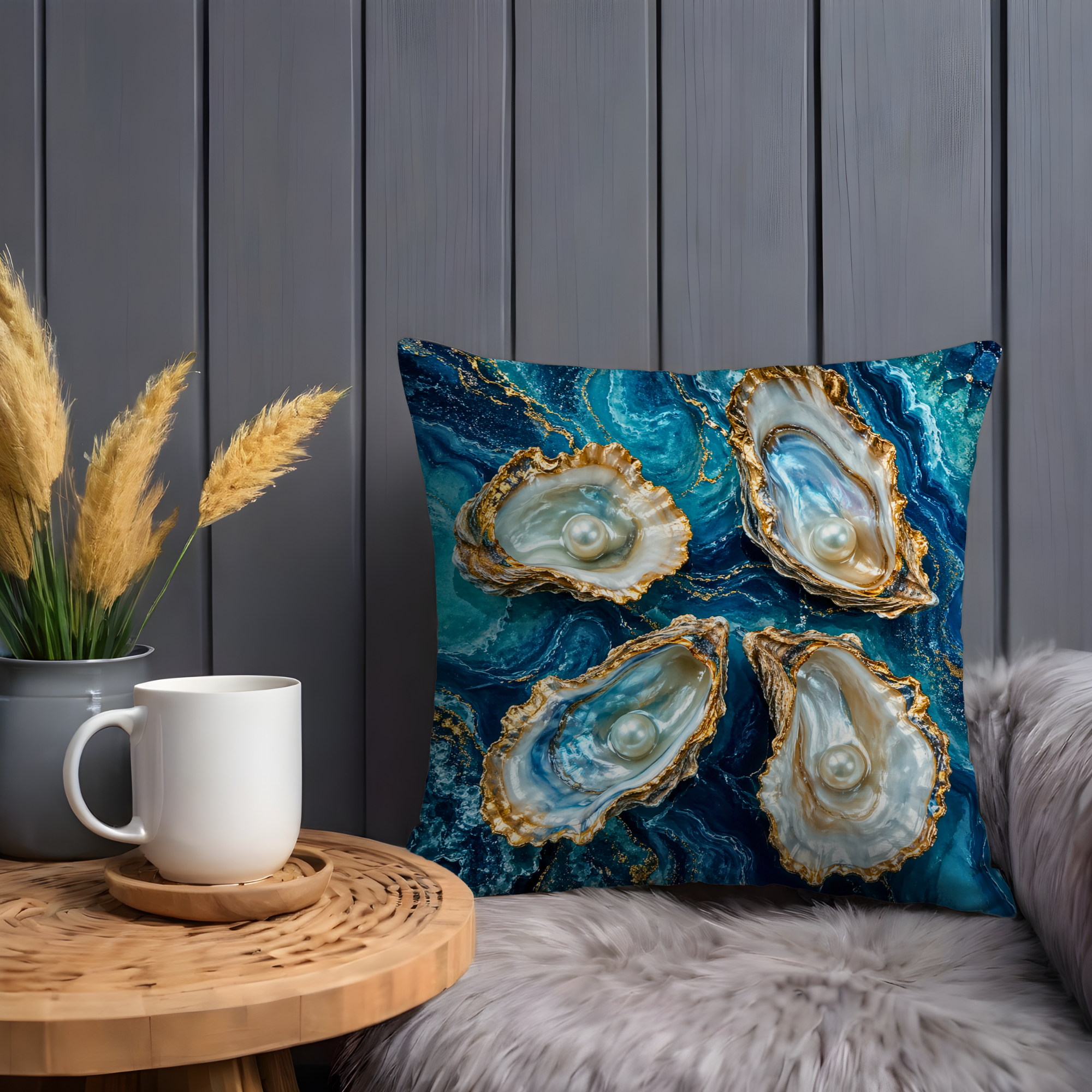 Pearl Oyster Pillow Cover | Blue Marble Ocean Art | Coastal Decor
