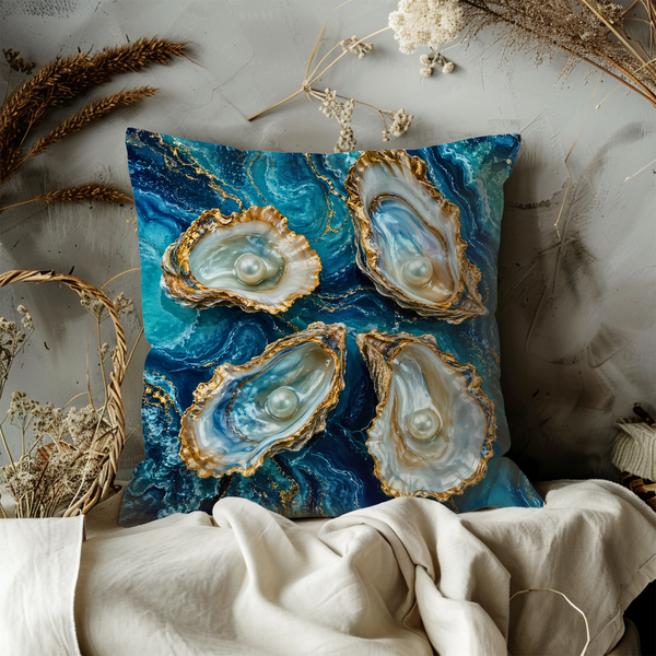 Pearl Oyster Pillow Cover – Blue Marble Ocean Art | Coastal Decor