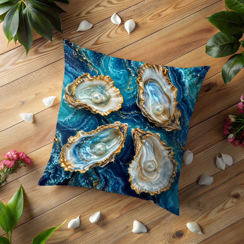 Pearl Oyster Pillow Cover – Blue Marble Ocean Art | Coastal Decor