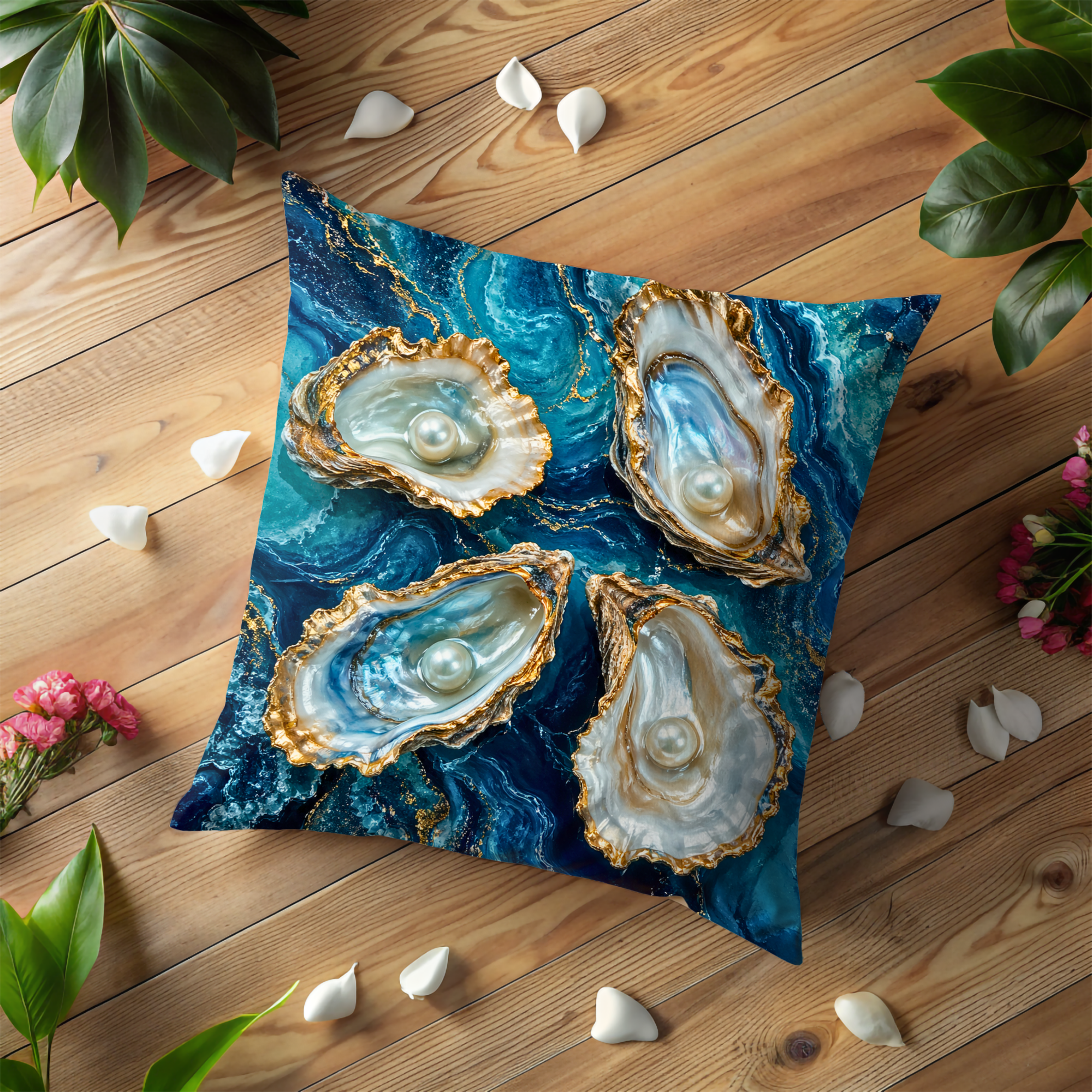 Pearl Oyster Pillow Cover | Blue Marble Ocean Art | Coastal Decor