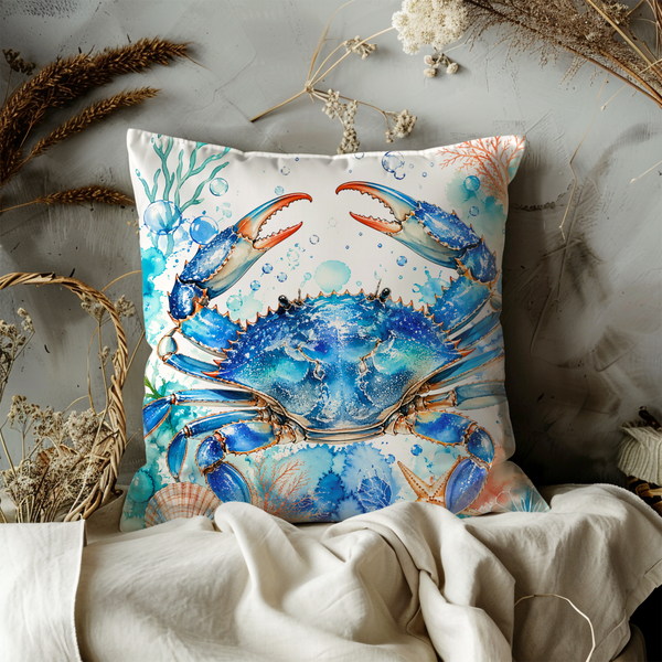Blue Crab Pillow Cover – Ocean Wildlife Art | Nautical Decor