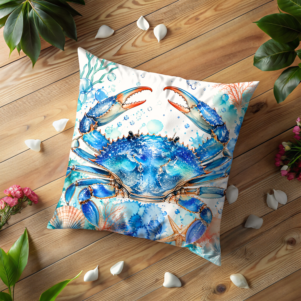 Blue Crab Pillow Cover | Ocean Wildlife Art | Nautical Decor