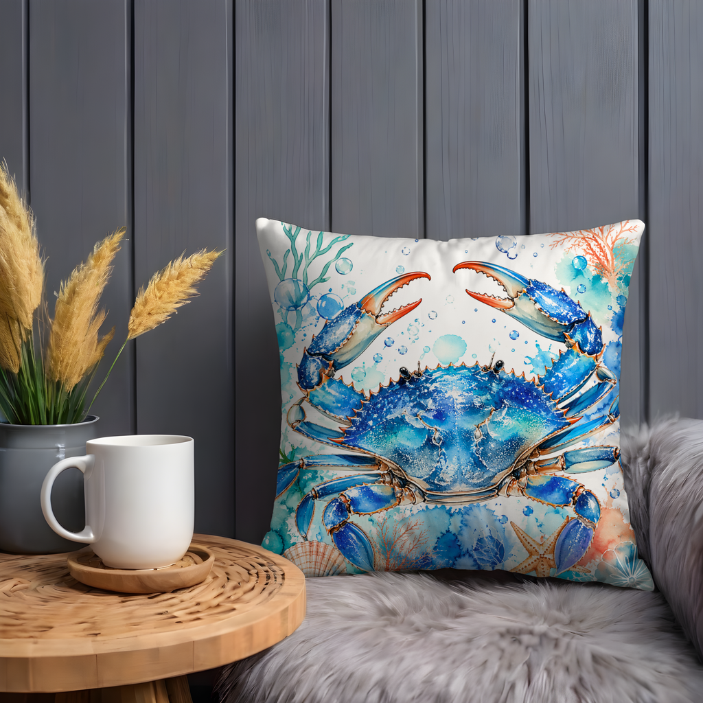 Blue Crab Pillow Cover | Ocean Wildlife Art | Nautical Decor