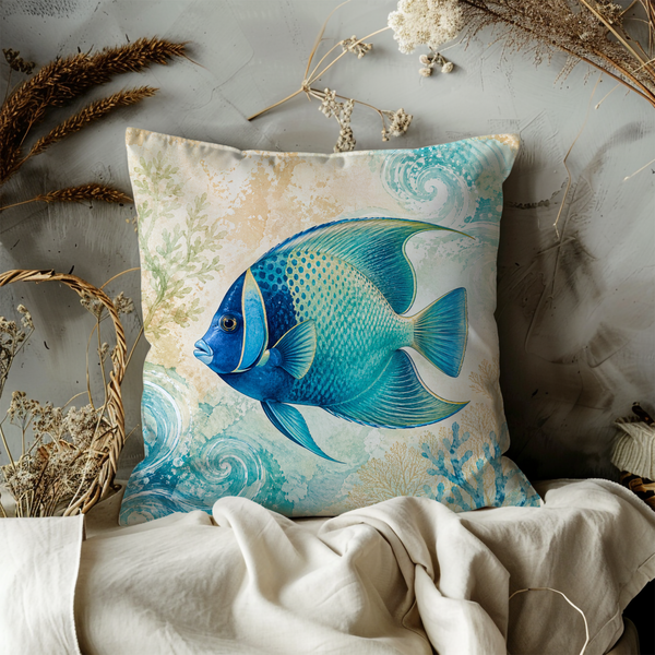 Blue Tropical Fish Pillow Cover – Ocean Coral Art | Coastal Decor