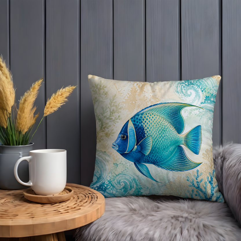 Blue Tropical Fish Pillow Cover – Ocean Coral Art | Coastal Decor