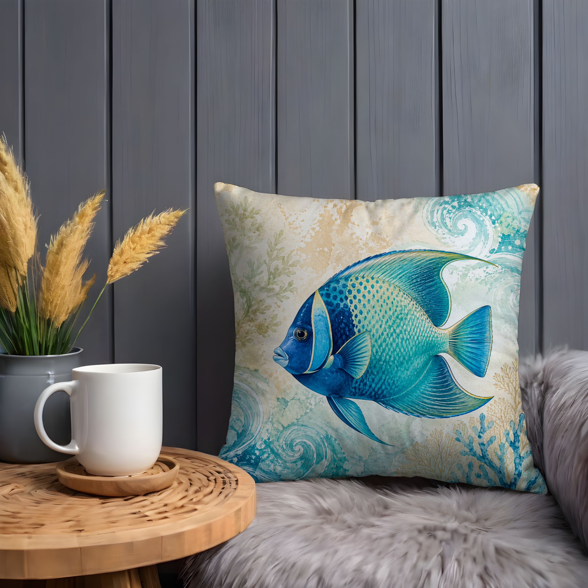 Blue Tropical Fish Pillow Cover | Ocean Coral Art | Coastal Decor