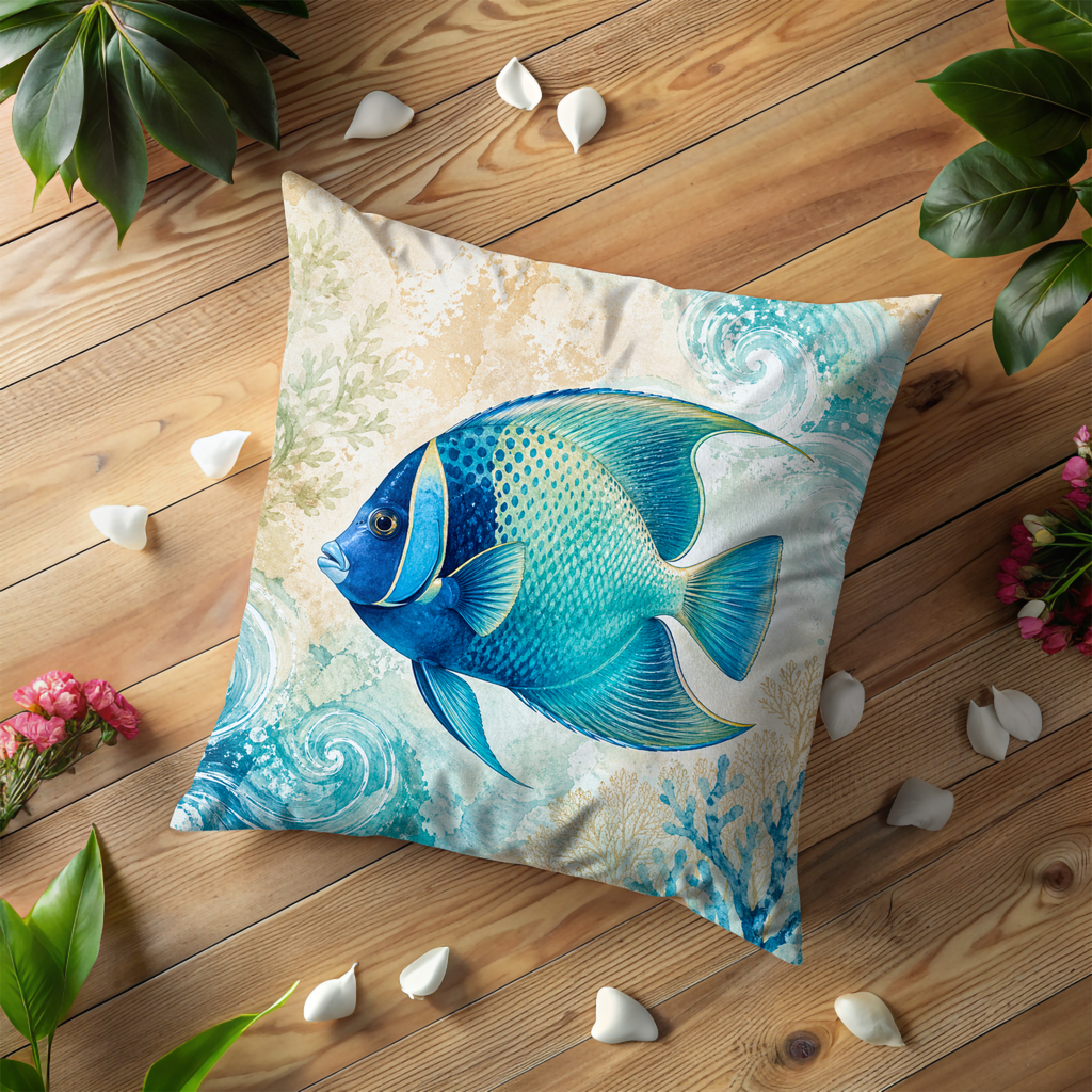 Blue Tropical Fish Pillow Cover | Ocean Coral Art | Coastal Decor