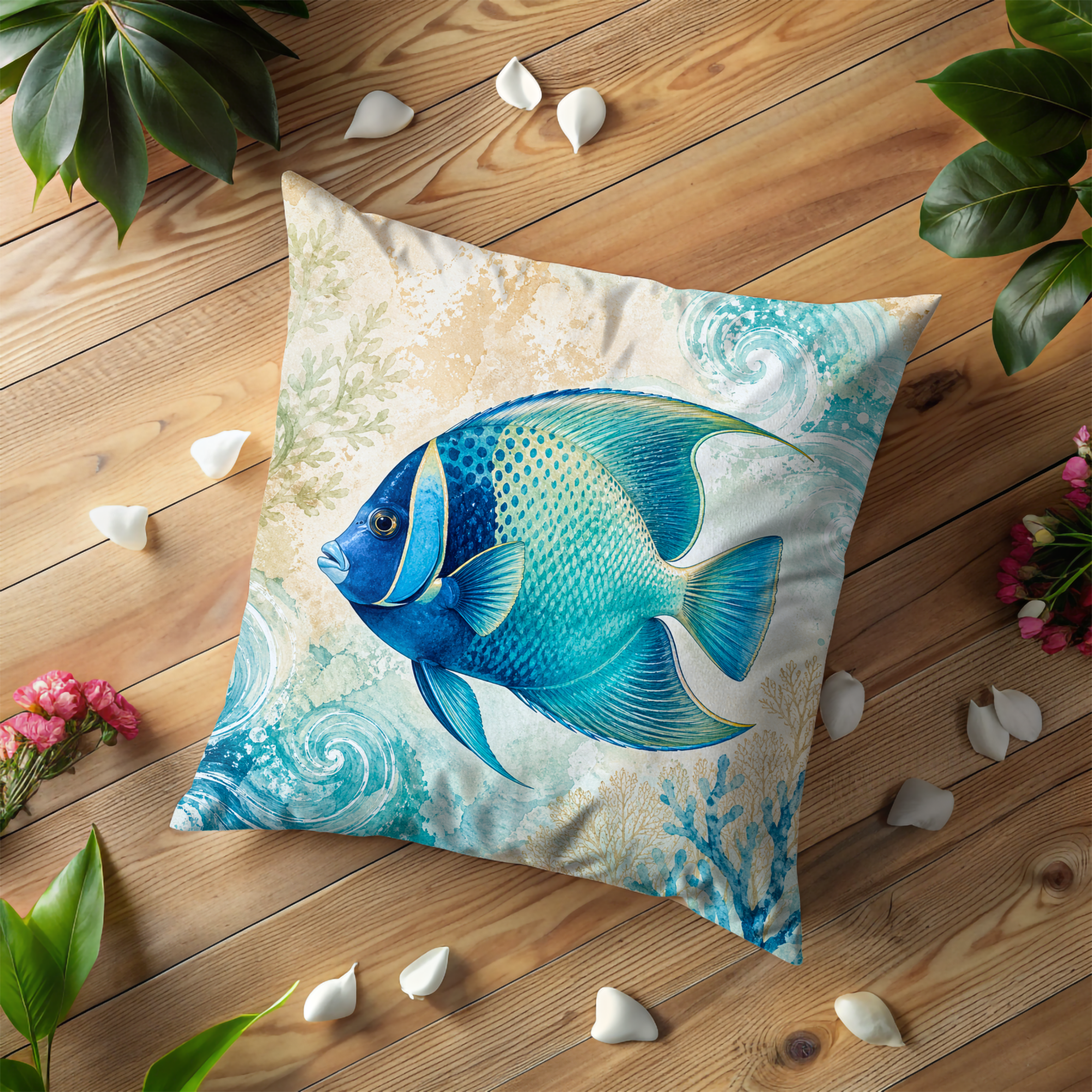Blue Tropical Fish Pillow Cover | Ocean Coral Art | Coastal Decor