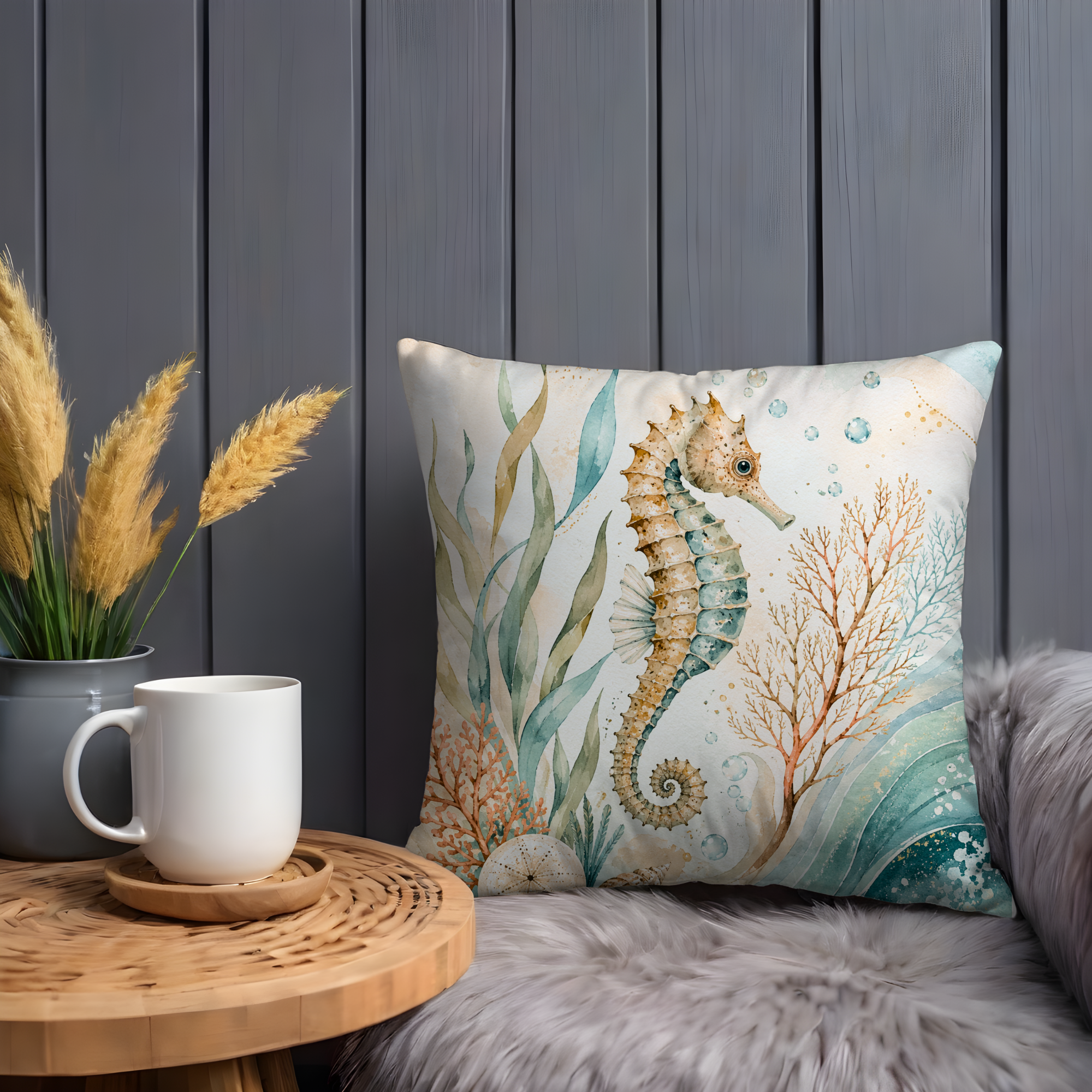 Seahorse Pillow Cover | Ocean Wildlife Art | Nautical Decor