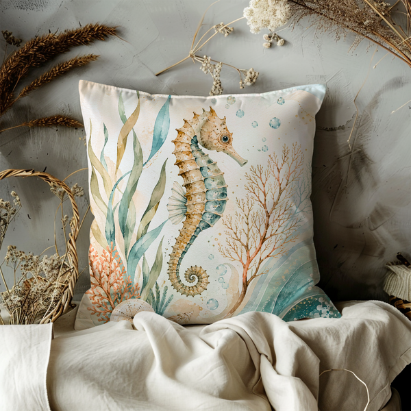 Seahorse Pillow Cover – Ocean Wildlife Art | Nautical Decor