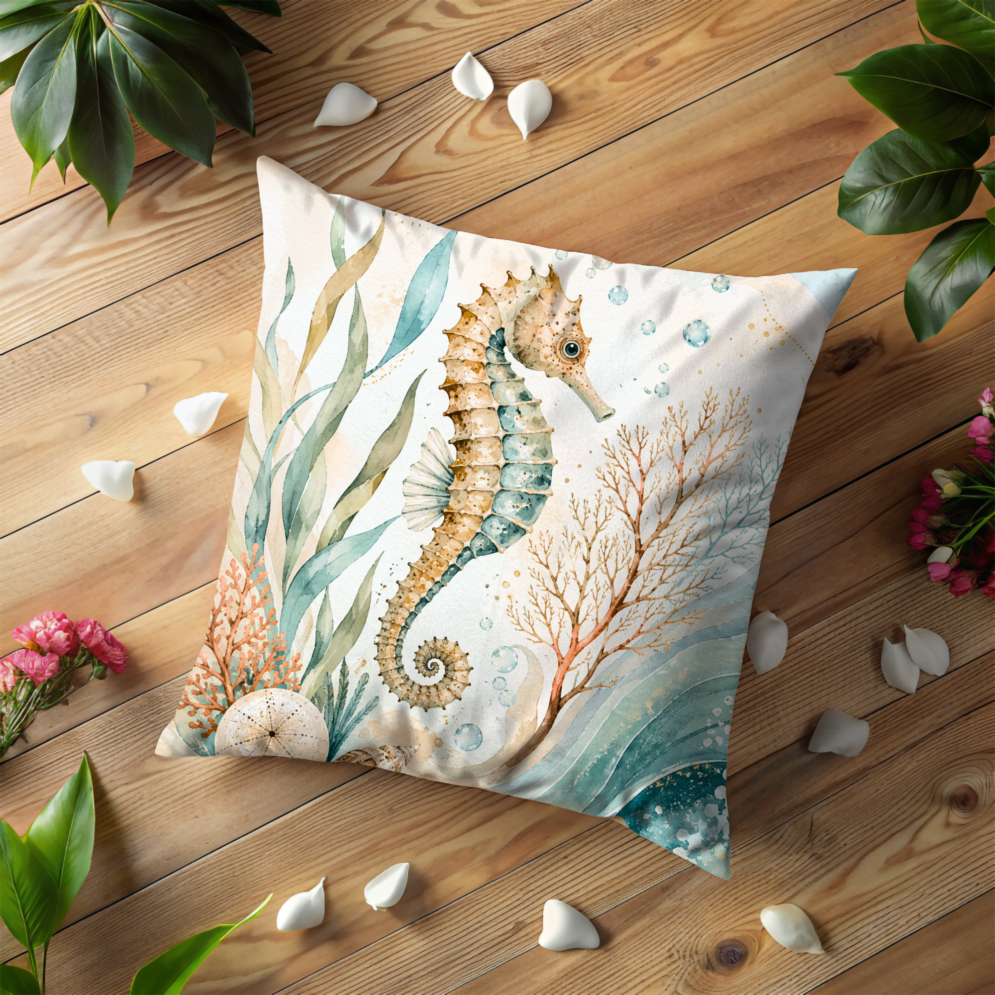 Seahorse Pillow Cover | Ocean Wildlife Art | Nautical Decor