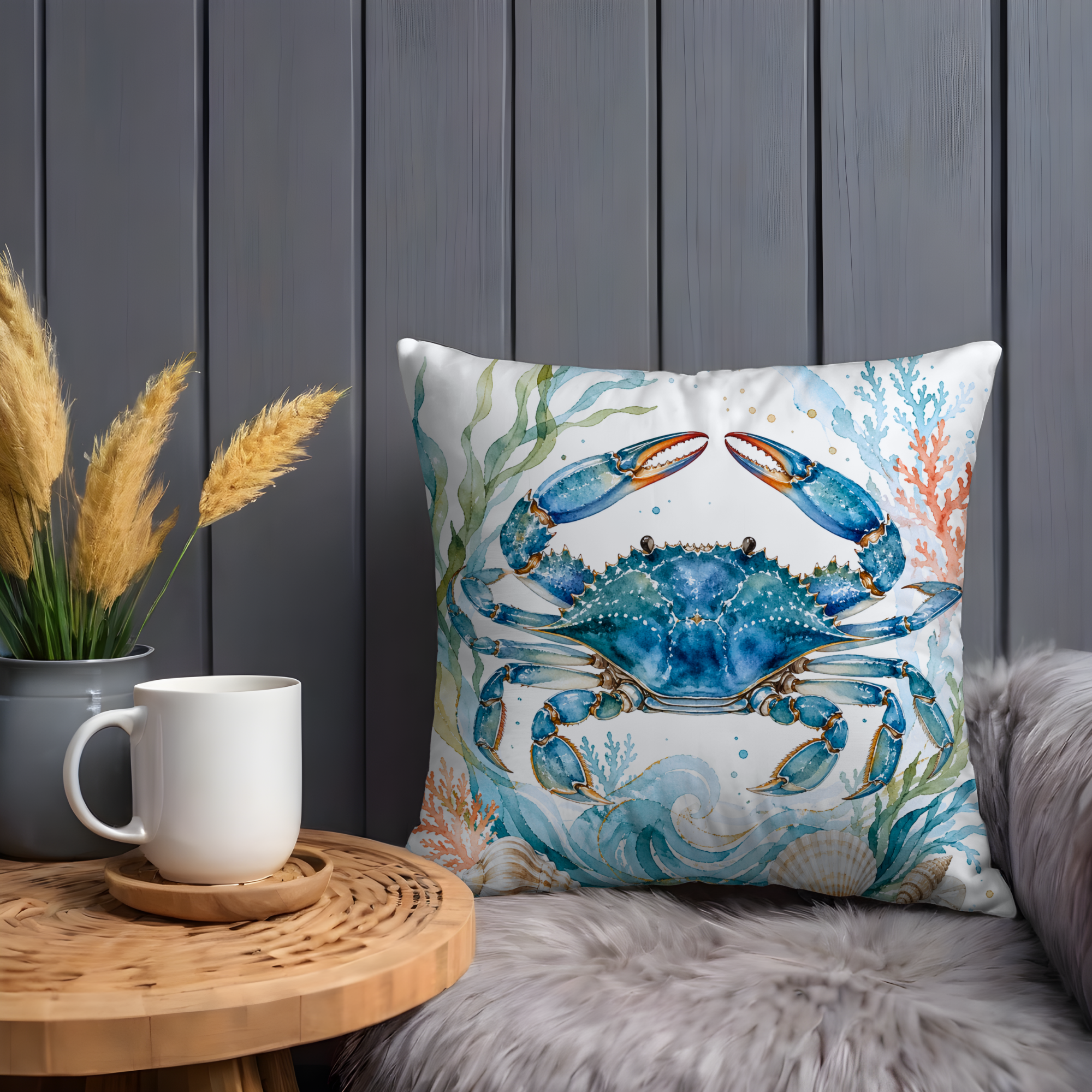 Blue Crab Pillow Cover | Coastal Ocean Art | Nautical Decor