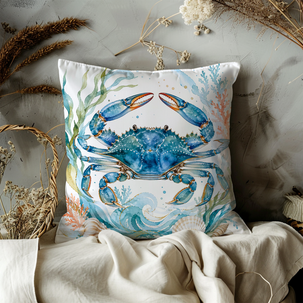 Blue Crab Pillow Cover – Coastal Ocean Art | Nautical Decor