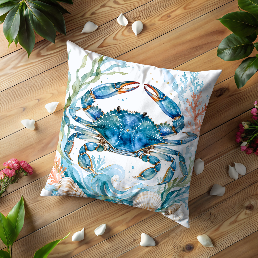 Blue Crab Pillow Cover | Coastal Ocean Art | Nautical Decor