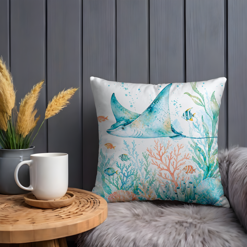 Stingray Pillow Cover – Ocean Wildlife Art | Nautical Decor