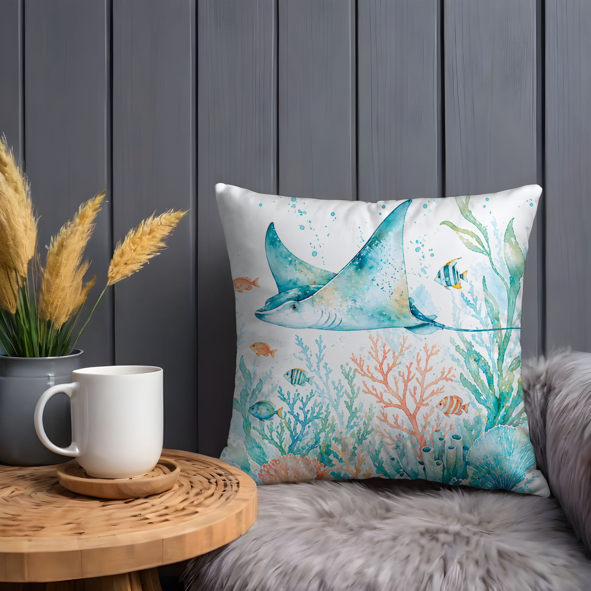 Stingray Pillow Cover | Ocean Wildlife Art | Nautical Decor