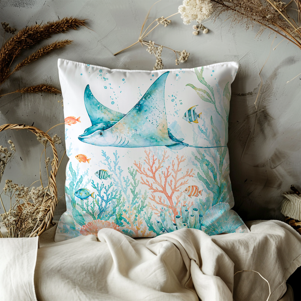Stingray Pillow Cover – Ocean Wildlife Art | Nautical Decor