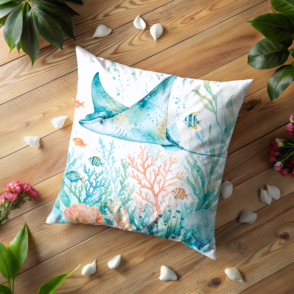 Stingray Pillow Cover | Ocean Wildlife Art | Nautical Decor